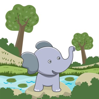 Vector cartoon illustration of cute little elephant play in jungle, T-Shirt Design for children. Creative vector childish background for wallpaper, poster and other decoration.