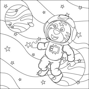 Vector children's coloring book. Cute tiger astronaut flies in space. Around the star and planet. Children's coloring book