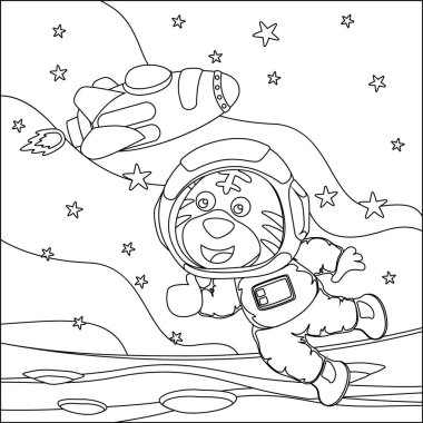 Vector children's coloring book. Cute tiger astronaut flies in space. Around the star and planet. Children's coloring book