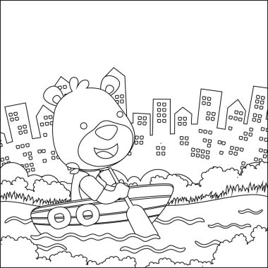 Vector cartoon illustration of cute bear on sailboat with cartoon style. Childish design for kids activity colouring book or page.