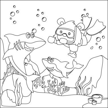 Küçük tilki ve köpekbalığının karikatür çizimleri. Çizgi film stili çocuk tasarımı. Çocuk aktiviteleri kitabı ya da sayfa boyama..