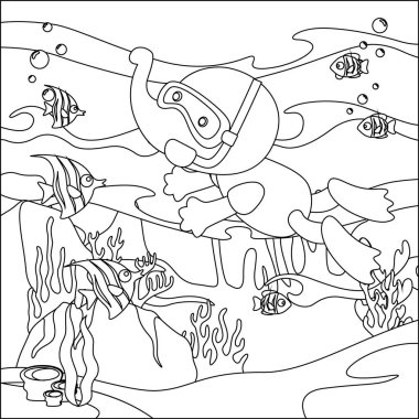 Çocuk aktivite kitabı ya da sayfa boyama işleri için karikatür stili çocuk tasarımı ile denizaltında dalan küçük filin vektör çizimi.