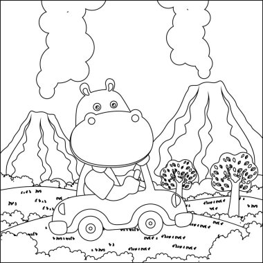 Ormandaki komik suaygırı arabasının vektör karikatürü. Çizgi film izole vektör çizimi, çocuk aktivite kitabı veya sayfa boyama için yaratıcı vektör tasarımı.
