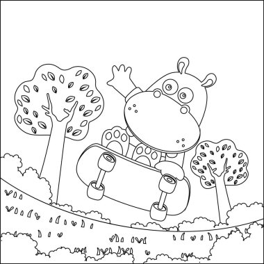 Boyama kitabı ya da küçük sevimli su aygırlarıyla dolu bir sayfa. Çizgi film hayvan pateni tahtası. Bebek odası posteri, tişört baskısı, çocuk kıyafetleri, tebrik kartı, etiket, yama veya çıkartma için Clipart seti.