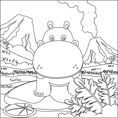 Cute little hippo play around swamp.  Creative vector Childish design for kids activity colouring book or page.
