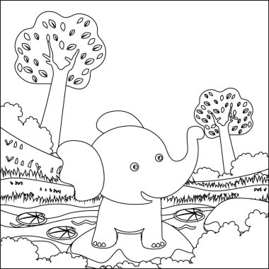 Bataklıkta şirin küçük bir fil oyunu. Çocuk aktivite kitabı ya da sayfa boyama için yaratıcı vektör tasarımı.