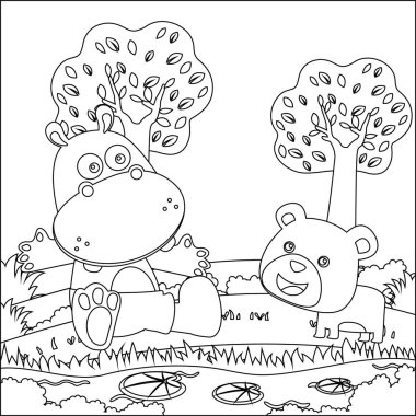 Küçük şirin su aygırı ve ayı bataklıkta oynuyorlar. Çocuk aktivite kitabı ya da sayfa boyama için yaratıcı vektör tasarımı.