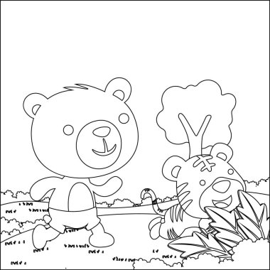 Küçük şirin su aygırları ve kaplan bataklıkta oynuyorlar. Çocuk aktivite kitabı ya da sayfa boyama için yaratıcı vektör tasarımı.