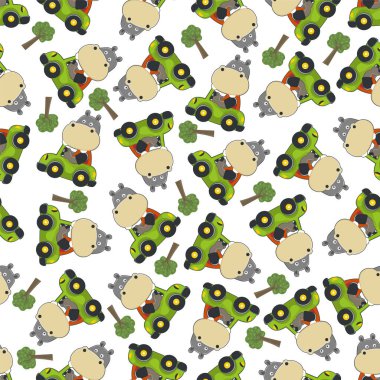 Yoldaki komik hipopotamların kusursuz şablonu. Kumaş, tekstil, bebek odası duvar kâğıdı, poster, kart, broşür için yaratıcı çocuksu bir geçmiş. ve diğer dekorasyon.