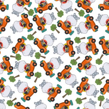 Yoldaki komik hipopotamların kusursuz şablonu. Kumaş, tekstil, bebek odası duvar kâğıdı, poster, kart, broşür için yaratıcı çocuksu bir geçmiş. ve diğer dekorasyon.