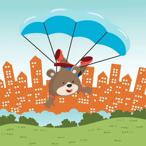 Illustrazione Vettoriale Simpatico Orso Che Vola Con Paracadute Con Stile — Vettoriale Stock