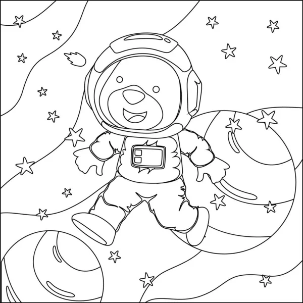 Vektör çocuk boyama kitabı. Tatlı ayı astronot uzayda uçar. Yıldızın ve gezegenin etrafında. Çocuk boyama kitabı.