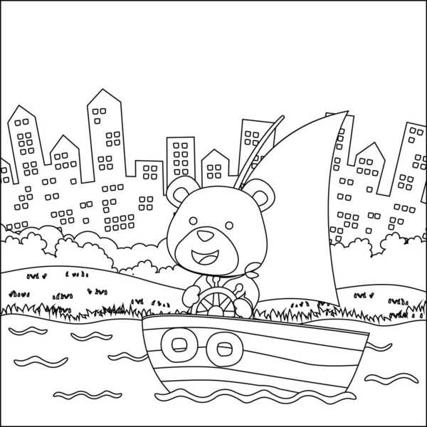 Vector cartoon illustration of cute bear on sailboat with cartoon style. Childish design for kids activity colouring book or page.