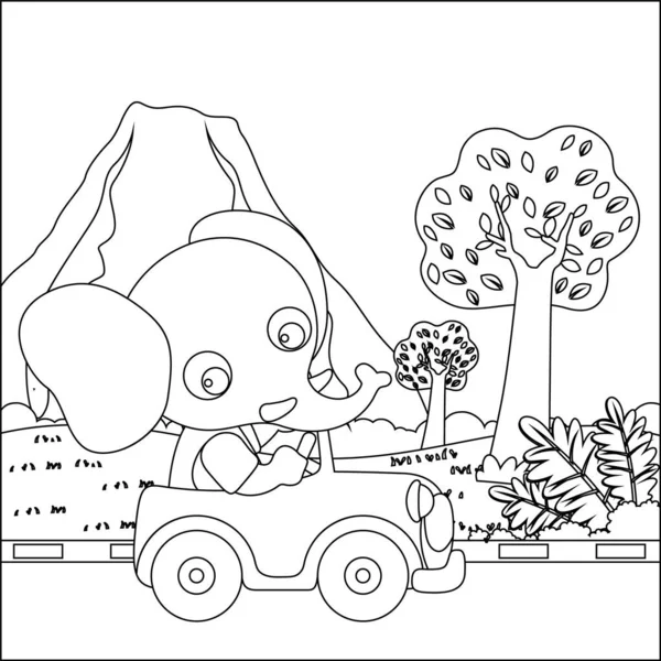 Vector Cartoon Van Grappige Olifant Rijden Auto Jungle Cartoon Isolated — Stockvector