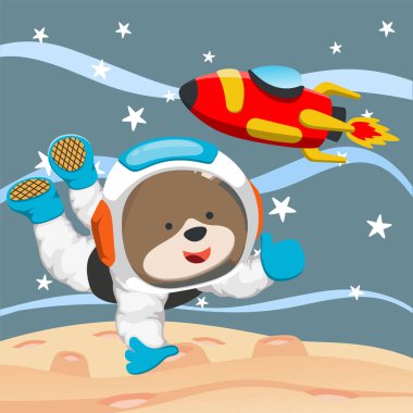 Cute cosmonaut bear in a spacesuit flies in outer space. Vector illustration on the space theme in cartoon style.