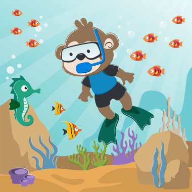 Vector illustration of Little bear diving in undersea adventure on a background of beautiful blue water
