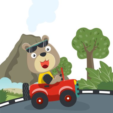 Tatlı ayı araba kullanıyor. Ormandaki komik hayvan çizgi filmine gidiyor. Kumaş, tekstil, bebek odası duvar kâğıdı, poster, kart, broşür için yaratıcı çocuksu bir geçmiş. ve diğer dekorasyon.