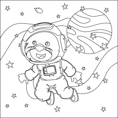 Vektör çocuk boyama kitabı. Tatlı aslan astronot uzayda uçuyor. Yıldızın ve gezegenin etrafında. Çocuk boyama kitabı.
