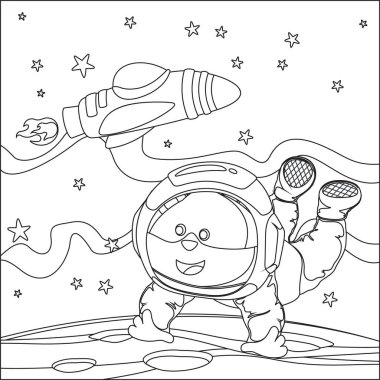 Vektör çocuk boyama kitabı. Tatlı ayı astronot uzayda uçar. Yıldızın ve gezegenin etrafında. Çocuk boyama kitabı.