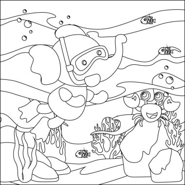 Çocuk aktivite kitabı ya da sayfa boyama işleri için karikatür stili çocuk tasarımı ile denizaltında dalan küçük filin vektör çizimi