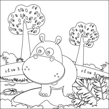 Cute little hippo play around swamp.  Creative vector Childish design for kids activity colouring book or page.