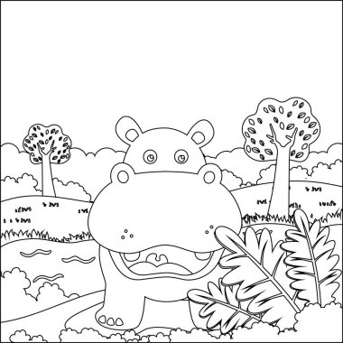 Cute little hippo play around swamp.  Creative vector Childish design for kids activity colouring book or page.