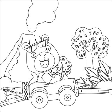 Vector cartoon of funny bear driving car in the junggle. Cartoon isolated vector illustration, Creative vector Childish design for kids activity colouring book or page.