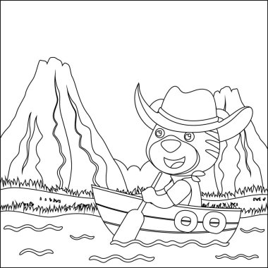 Çizgi film tarzında yelkenli teknedeki şirin kaplanın vektör çizimi. Çocuklar için çocuksu tasarım aktivite boyama kitabı ya da sayfa.