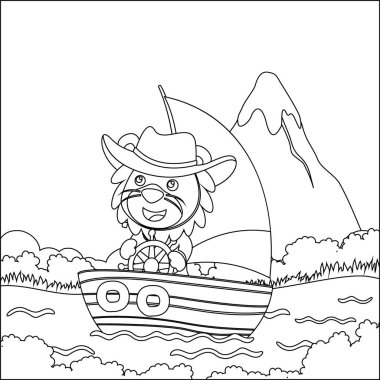 Çizgi film tarzında yelkenli teknedeki şirin aslanın vektör çizimi. Çocuklar için çocuksu tasarım aktivite boyama kitabı ya da sayfa.