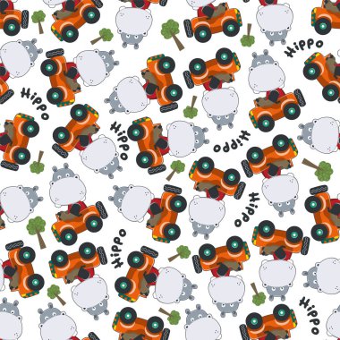Yoldaki komik hipopotamların kusursuz şablonu. Kumaş, tekstil, bebek odası duvar kâğıdı, poster, kart, broşür için yaratıcı çocuksu bir geçmiş. ve diğer dekorasyon.