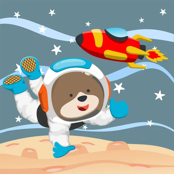 Cute Cosmonaut Bear Spacesuit Flies Outer Space Vector Illustration Space —  Vetores de Stock