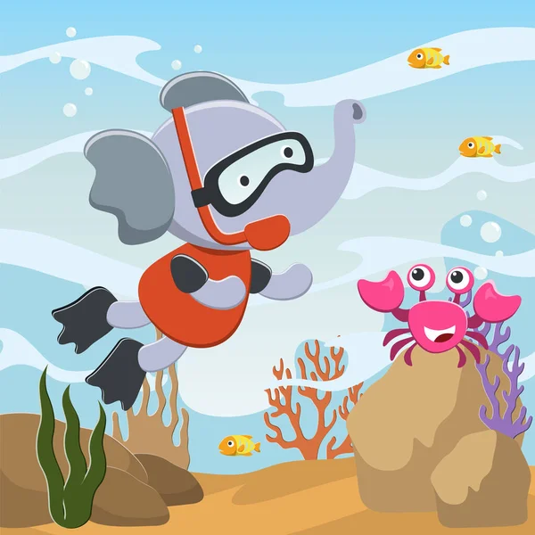 Vector illustration of Little elephant  diving in undersea adventure on a background of beautiful blue water