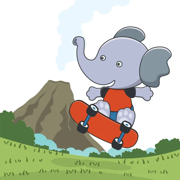 Bonito Personagem Desenho Animado Patinador Elefante Impressão Vetorial Com Urso — Vetor de Stock