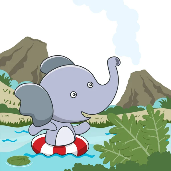 Vector Cartoon Illustratie Van Schattige Kleine Olifant Zwemmen Met Een — Stockvector