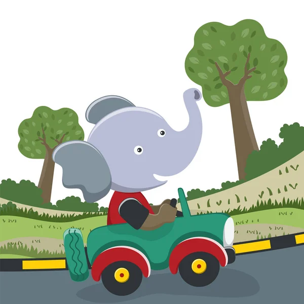 Elefante Bonito Dirigindo Carro Para Floresta Engraçado Animal Cartoon Fundo — Vetor de Stock