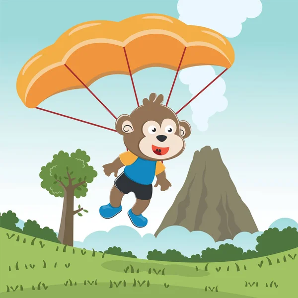 Illustrazione Vettoriale Una Scimmia Carina Che Vola Con Paracadute Con — Vettoriale Stock