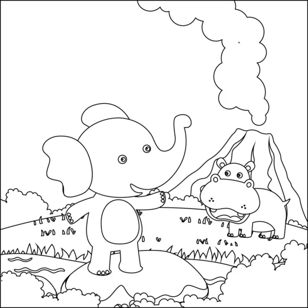 귀여운 코끼리와 늪에서 창의적 디자인 아이들을 Coloring Book Page — 스톡 벡터