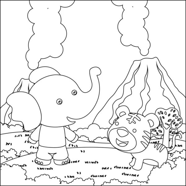 귀여운 코끼리와 호랑이는 늪에서 있습니다 창의적 디자인 아이들을 Coloring Book — 스톡 벡터