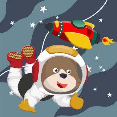 Cute cosmonaut bear in a spacesuit flies in outer space. Vector illustration on the space theme in cartoon style.