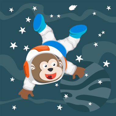 Uzay giysisi içindeki sevimli kozmonot maymun uzayda uçuyor. Çizgi film tarzında uzay teması üzerine vektör illüstrasyonu.