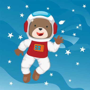 Cute cosmonaut bear in a spacesuit flies in outer space. Vector illustration on the space theme in cartoon style.