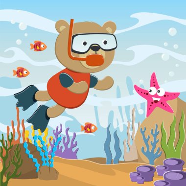 Vector illustration of Little bear diving in undersea adventure on a background of beautiful blue water
