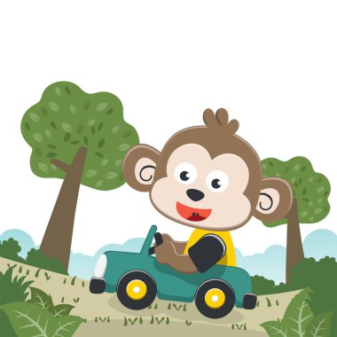 Cute monkey driving a car go to forest funny animal cartoon. Creative vector childish background for fabric, textile, nursery wallpaper, poster, card, brochure. and other decoration.