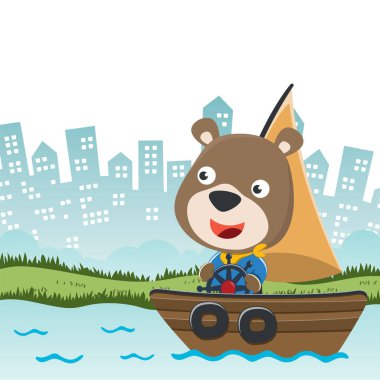 Vector cartoon illustration of cute bear sailing on sailboat with cartoon style. Can be used for t-shirt print, kids wear fashion design, fabric textile, nursery wallpaper and poster.