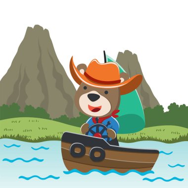 Vector cartoon illustration of cute bear sailing on sailboat with cartoon style. Can be used for t-shirt print, kids wear fashion design, fabric textile, nursery wallpaper and poster.