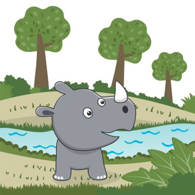 Ormandaki şirin gergedan oyununun vektör çizimi, çocuklar için tişört tasarımı. Duvar kağıdı, poster ve diğer dekorasyonlar için yaratıcı vektör çocuksu arkaplan.