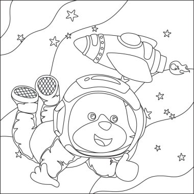 Vektör çocuk boyama kitabı. Tatlı ayı astronot uzayda uçar. Yıldızın ve gezegenin etrafında. Çocuk boyama kitabı.