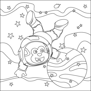 Vektör çocuk boyama kitabı. Tatlı maymun astronot uzayda uçuyor. Yıldızın ve gezegenin etrafında. Çocuk boyama kitabı.