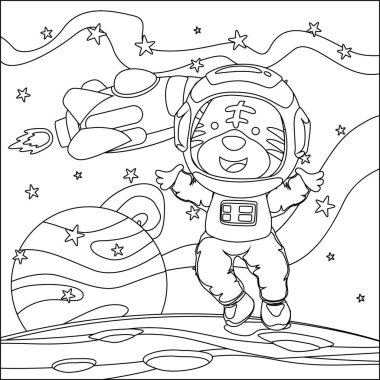 Vector children's coloring book. Cute tiger astronaut flies in space. Around the star and planet. Children's coloring book
