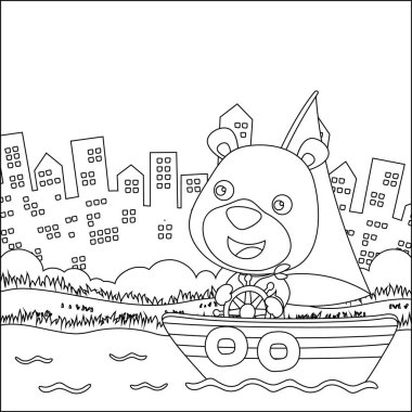 Vector cartoon illustration of cute bear on sailboat with cartoon style. Childish design for kids activity colouring book or page.